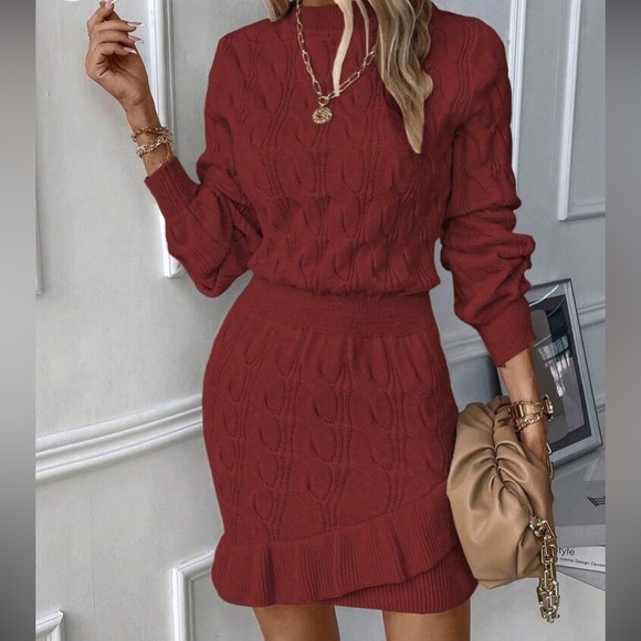 Cozy ruffle hem cable knit sweater dress - Picture 9 of 15